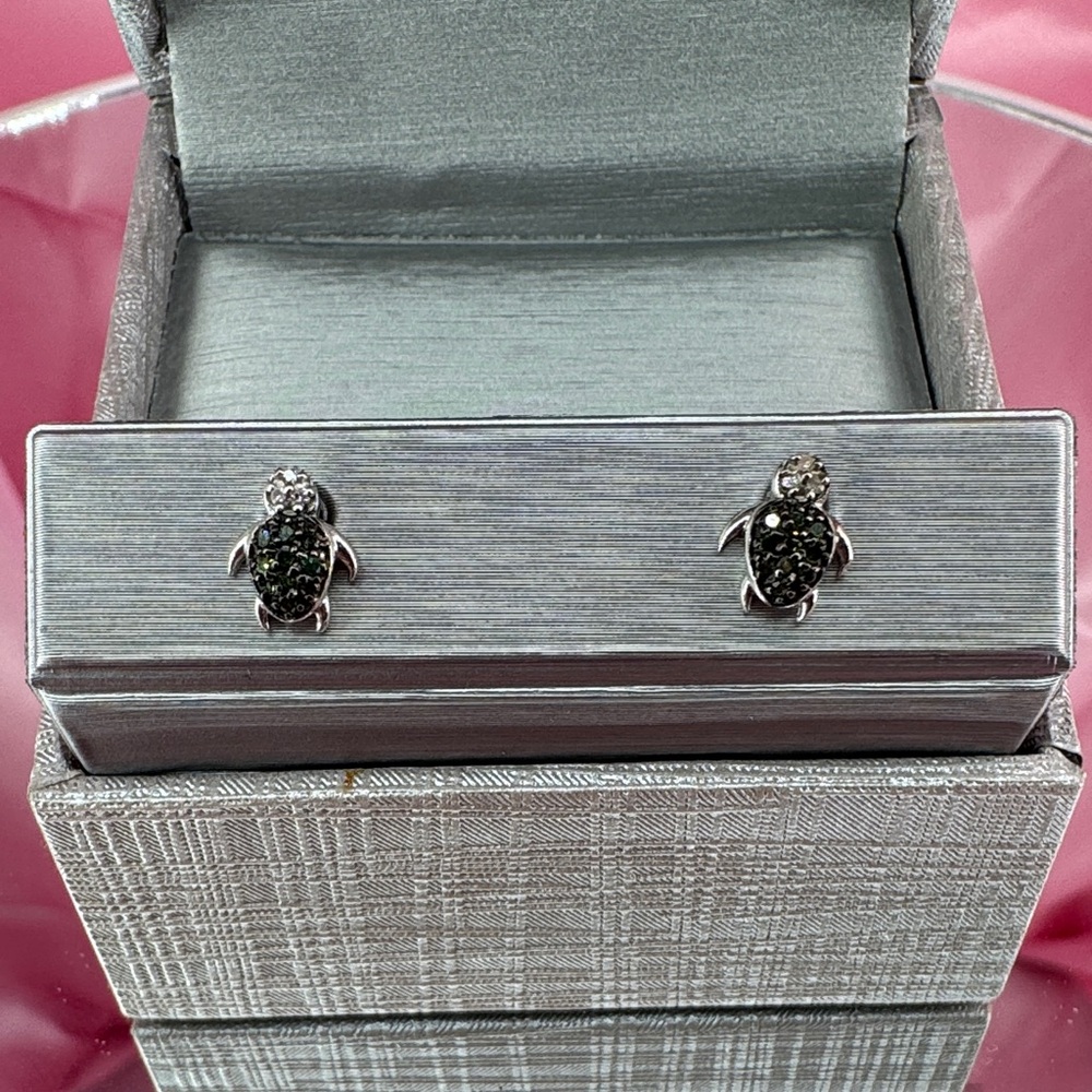 NIB Genuine White and Green Diamond Turtle Stud Earrings